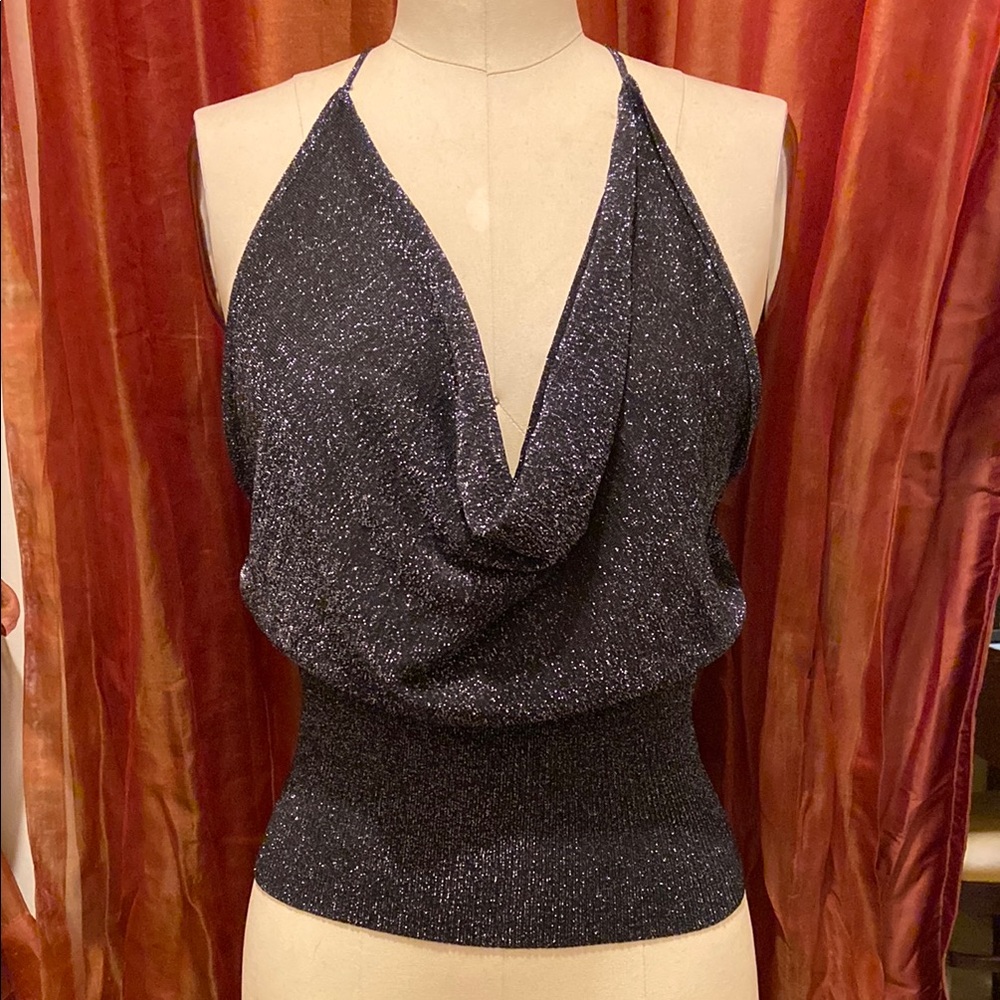 CATHERINE MALANDRINO shimmering Black Halter Top